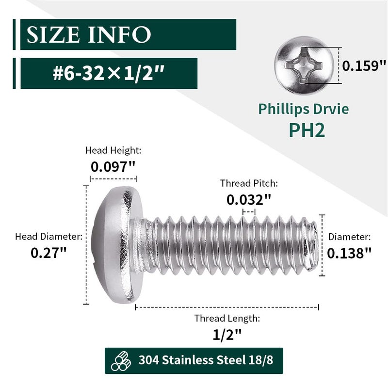EASTLO #6-32 × 1/2" برغي آلة رأس مسطح، محرك فيليبس، فولاذ مقاوم للصدأ 304 18-8، تشطيب لامع، خيط آلة كامل، 100 قطعة - Image 3